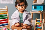 A young child dressed up as a scientist, with a lab coat and glasses, sits on the floor surrounded by educational toys, including blocks with letters, an abacus, and a child’s laptop.