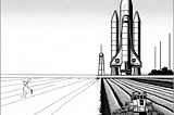 First-person perspective with the horizon line in the background. On the left, a man works in the field with a rake. On the right, a NASA space shuttle rocket stands in the distance on a takeoff pad with two nuclear power cooling towers.
