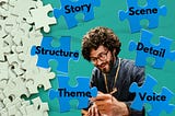 Man writing in front of a writing puzzle with pieces labeled story, structure, scene, theme, detail, and voice.