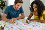 A man and a woman updating their quest board.