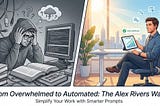 Comparison of a stressed student taking a prompt engineering course versus a relaxed business owner using expert AI prompts.