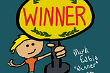 Winner shows a victory celebration with the winning trophy being held high. Fun design to celebrate winners and winning!