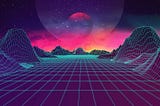 A vaporwave background with a cosmic sky and gridded stylized mountains. Image by Almudena6cv