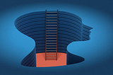 Abstract blue illustration of a human head-shaped cutout forming a deep layered pit, with a ladder descending into the center toward a red base.