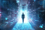 A professional job seeker walking confidently across a glowing digital resume bridge made of light and code, guided by a friendly AI assistant (represented as a soft glowing figure made of circuits and data streams). The background blends a modern office skyline with abstract digital patterns, symbolizing the merging of technology and career growth. Use a futuristic yet human-centered aesthetic, with cool blue and white tones, emphasizing clarity, progress, and empowerment.