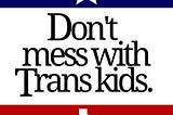 A message reading “Don’t Mess With Trans Kids” in the style of “Don’t Mess With Texas”