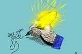 an illustration of a hand using an illuminated light bulb like a pen