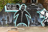 Mural artwork featuring a black blob person with the thought bubble, “If we saved them…would they notice?” while UFOs attack a city.