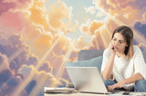 Purple and gold clouds and golden sun rays falling over a bored woman on the couch looking at her laptop on the coffee table. From: On Repeating the Same Old Spiritual Advice Clichés do not equal counsel by gem blackthorn