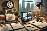 A photorealistic scene representing personal growth through dedication and prioritization in a modern lifestyle. The image shows a cluttered desk.