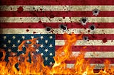 American Flag in distress, with flames, bullet holes and blood splatter.