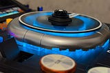 A cool closeup shot of the Pantasy DJ Player’s jog wheel all lit up.