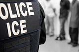 Black and white image of the back of a uniform with “Police, ICE.”