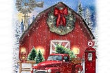 Winter Barn Scenery, Vintage Truck, PNG Sublimation Design, Digital Download, Pine Trees, Red Truck
