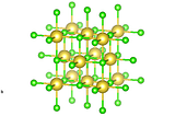 Ball and stick model of sodium chloride crystal. Golden balls indicate sodium ion and the green balls indicate chloride ion.