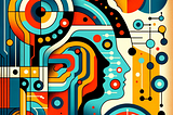An abstract, mid-century modern style image blending vibrant colors and geometric shapes. It symbolizes the fusion of artificial intelligence and human curiosity. Digital motifs and circuit patterns intertwine with abstract representations of human figures and thought bubbles, conveying a futuristic yet retro ambiance. The artwork radiates optimism and forward-thinking about AI’s role in enhancing workplace innovation and curiosity in 2024.