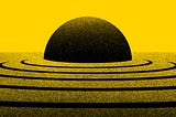 An illustration of a black semi-circle resembling a setting or rising sun against a bright yellow background. The semi-circle is surrounded by concentric black rings that gradually fade into the yellow background, creating a ripple effect.