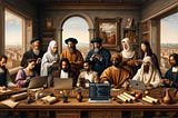 A renaissance painting depicting a team of engineers, QA, Analysts, Designers and Product Managers reviewing apps in their laptops and mobile phones.
