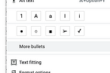 A popup dialog with “Alt text” at top left, two rows of graphical buttons, and then the textual menu item “More bullets”
