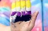 Photo of person’s hand with non-binary flag colors painted on. Photo by Katie Rainbow from Pexels