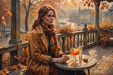 Woman sits on an outside terrace with an orange-colored cocktail on the table in front of her, and in the background a city scene with buildings, cars and a river. Nature around has autumn colors.