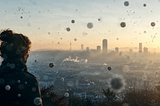 Silhouette of a person overlooking a hazy cityscape with floating microscopic particle-like structures symbolizing ultrafine air pollution and environmental health risks.