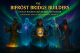 A digital artwork in high-fantasy Norse style featuring a glowing aurora sky above a cosmic landscape. At the center stands a monumental stone statue with glowing rune markings, partially embedded in a cracked black crystal base. The scene is illuminated by soft rainbow light, evoking the Bifröst bridge. Above, in large Viking-style lettering, the title “Bifröst Bridge Builders” appears across two lines, glowing with a mystical golden hue. The artwork combines mythic grandeur with futuristic vau