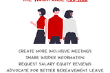 Image with the message I strive to strengthen the workplace for all. Create more inclusive meetings. Share insider information. Request salary equity reviews. Advocate for Better bereavement leave. There’s an illustration of three people representing different gender and racial identities. Along the bottom of the graphic is the @BetterAllies handle and credit to @ninalimpi for the illustration.