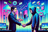 Salesperson and Engineer Handshake in Pixelated City,’ digitally generated by OpenAI’s DALL-E, January 17, 2024