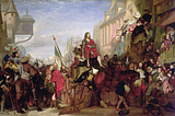 Painting in the National Galleries Scotland collection showing crowds of people lining the street, some apparently weeping, as Montrose if carried on a cart to the gallows