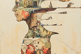 A surreal mixed-media illustration of a person’s profile, shown from chest up, facing left. Their head and body are filled with a collage of architectural drawings, vintage maps, buildings, and faded sepia-toned imagery. Birds fly from and around the figure’s head, and a long curving line extends outward from the head, dotted with abstract objects and small illustrated elements. Near the chest area, two small painted faces of children peer out from within the collage.