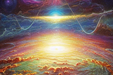 Energy lines traveling through space with a world, rainbow colored and cloudy, beneath it.
