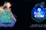 A spooky illustration of a person reading a book surrounded by ghosts and purple swirls as a dice floats in their hands. The artwork is within a triangle while the ghost heads fly outward. To the right is the Roll20Con2022 logo in blue with ‘October 21–23, 2022 Community, Gaming, Charity’