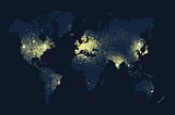 A map of the world at night. The continents and other land masses are in bluish-charcoal-grey, making a minimal contrast with the dark black background of the oceans. On the continents are yellow-white dots showing the light of cities and towns. There are big concentrations of light in the expected places: US, Brazil, Europe, India, and China. This graphic makes me think about how amazing this world we’ve created is, and yet, because of the evil humans do, how dark our future is.