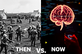 On the left is an old black and white of a civil war scene, and on the right is an image of a digital rendering of a human brain with computer output in the background.