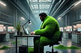 Image of a large man in an industrial office setting, covered by fake grass — also called Astroturf