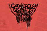 Early version of Cadaverous Quartet logo with four corpses huddled together singing which overlays a texture created from letters and magazine articles