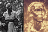 The left-hand half of the picture shows a photograph of Ruby Middleton Forsythe, also known “Miss Ruby,” an African-American woman, with gray hair, who is standing outside, in front of a tree, lovingly hugging two young African-American students. The right-hand half of the picture shows the gold-bronze surface of a relief sculpture, created by the sculptor Frederick Hart, which is a sculpted portrait of Miss Ruby.