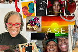 A colorful collage featuring a smiling Black woman with short gray locs wearing bright red glasses in the foreground. Surrounding her are various images and elements: crocheted flower appliqués in pastel colors, a book cover titled Scarlet Yearnings showing a woman with a red hibiscus, a vibrant sunset graphic with the word “ASE,” a cover featuring the title Black Stack, a red telephone handset, and photos of two smiling women together. The overall composition highlights creativity, literature,