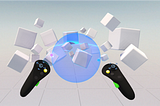 First person view of a user creating a sphere with his controllers to select multiple cubes in a virtual reality environment