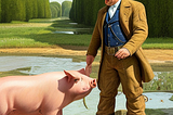 A male farmer yelled to a pig which was playing in a pond in a county.