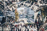 People walking through a mirrored urban space in Tokyo, with reflections creating multiple overlapping perspectives that symbolise individual journeys within a larger social system.