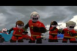 The main characters of Lego The Incredibles stand in a line, ready for action.