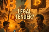 Split image showing vibrant Bitcoin Beach in El Salvador and dusty Bangui market in CAR, highlighting Bitcoin’s contrasting adoption stories.
