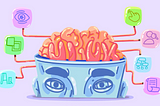 Illustration of a human portrait with an open brain displaying different decision making items