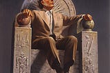 Author Isaac Asimov sitting in a large stone chair.