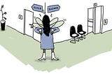 Handgezeichnete Illustration, die eine geflügelte Elfe in einem Büro zeigt — sie steht vor einer beschilderten Ecke, die links zu ›Elster‹ zeigt und rechts zu ›Elefand‹