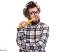 Crazy thoughtful bearded Man in plaid shirt with funny Haircut in eye Glasses holding Big Pencil — ponder and dreaming, isolated on white background.