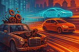 IMAGE: An old rust-covered sedan and hatchback crumble into gears while sleek, neon-outlined electric cars race past on a luminous, data-streamed highway