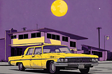 A yellow, two-door car parked outside of a motel in the background, and the yellow moon hung in the purple sky.